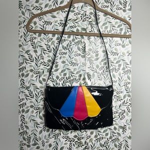 Vtg Scalloped Retro Purse Handbag Clutch Skinny Strap 80s Black Multicolored